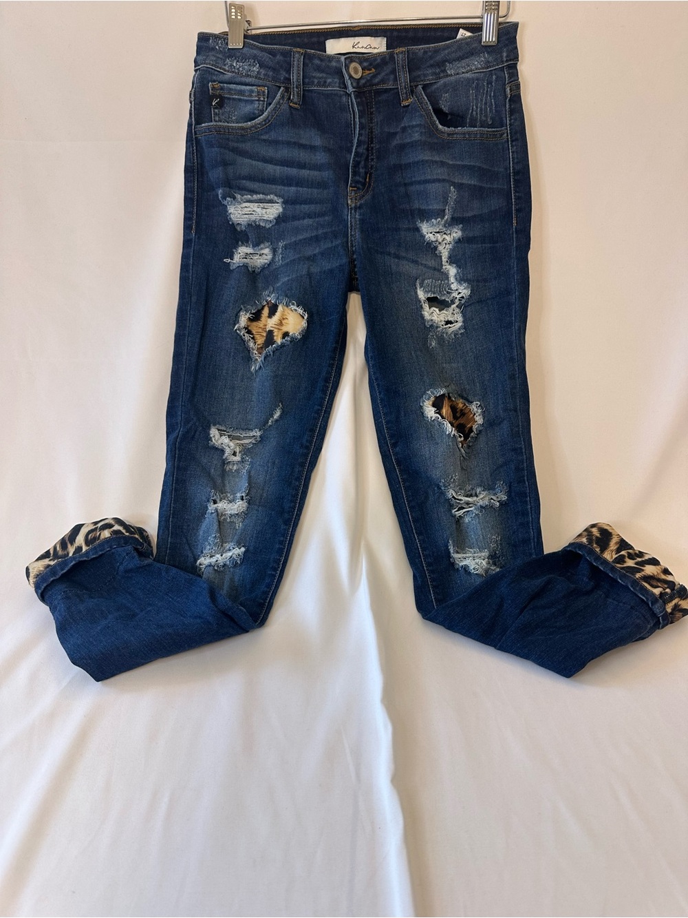 KanCan Dark Blue Distressed Skinny Jeans with Leopard Cuff